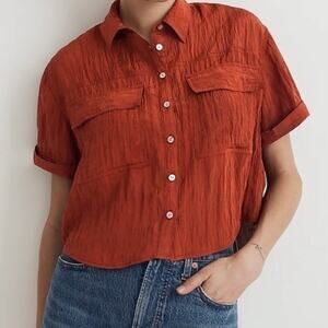Madewell Crinkled Utitlity Button Up Shirt Women's Large Stained Mohagany